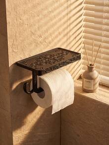 Cirelle 1Pc Wall‑Mounted Toilet Paper Holder, Space‑Aluminum Material With Carved Vintage Scroll Patterns, Built‑In Shelf And Side Hook, Multi‑Storage Fixture For Bathroom Lavatory Wall Space Organization - Multicolor - View 10