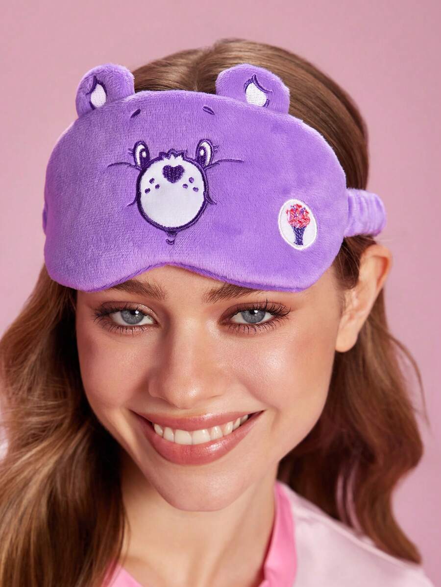 SHEIN X Care Bears 1件裝卡通刺繡眼罩，柔軟毛絨材質，遮光力強，適合外出旅行、辦公室午休使用 - 紫色 - 查看 1