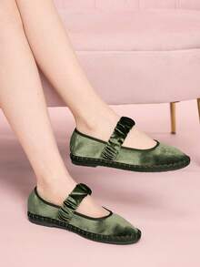 CUCCOO DOLLMOD Women's Bright Orange Elegant Velvet Classic Comfortable Velvet Pleated Elastic Mary Jane Flat Shoes Spring Shoes Fall Shoes - Olive Green/195 - View 4