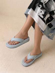 HighSole Spring And Summer New Wide Version Design Open Toe Thick Bottom Heightening Minimalist Sandals - denim light blue - View 4