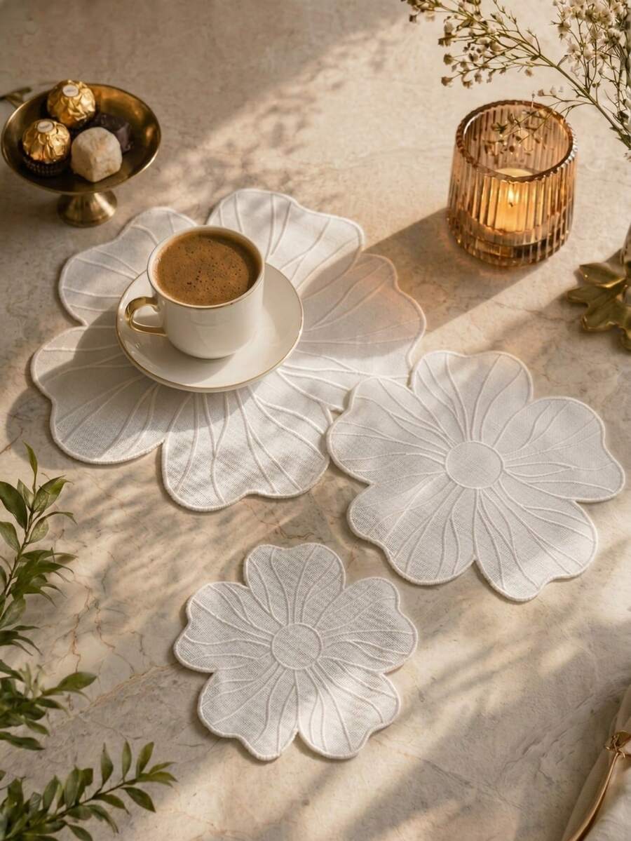 Cirelle 1pc Floral Embroidered Placemat And Coaster, White Flower Shaped Fabric Table Mat, Elegant Heat Resistant Tableware Dinner Mat For Home Wedding Party Decor - Beige - View 1