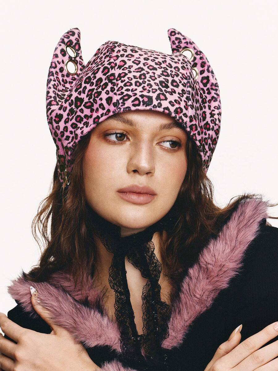 Popjeli Leopard Print Hat - Pink - View 1