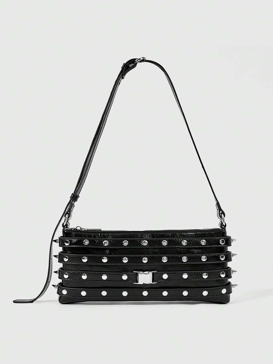 ROMWE 1 Piece Y2K Punk Style Shoulder Square Bag Rivet Decoration, Zipper Opening And Closing, Spice Girl Street Cool, Suitable For Daily Parties, Shopping, - Black - View 1