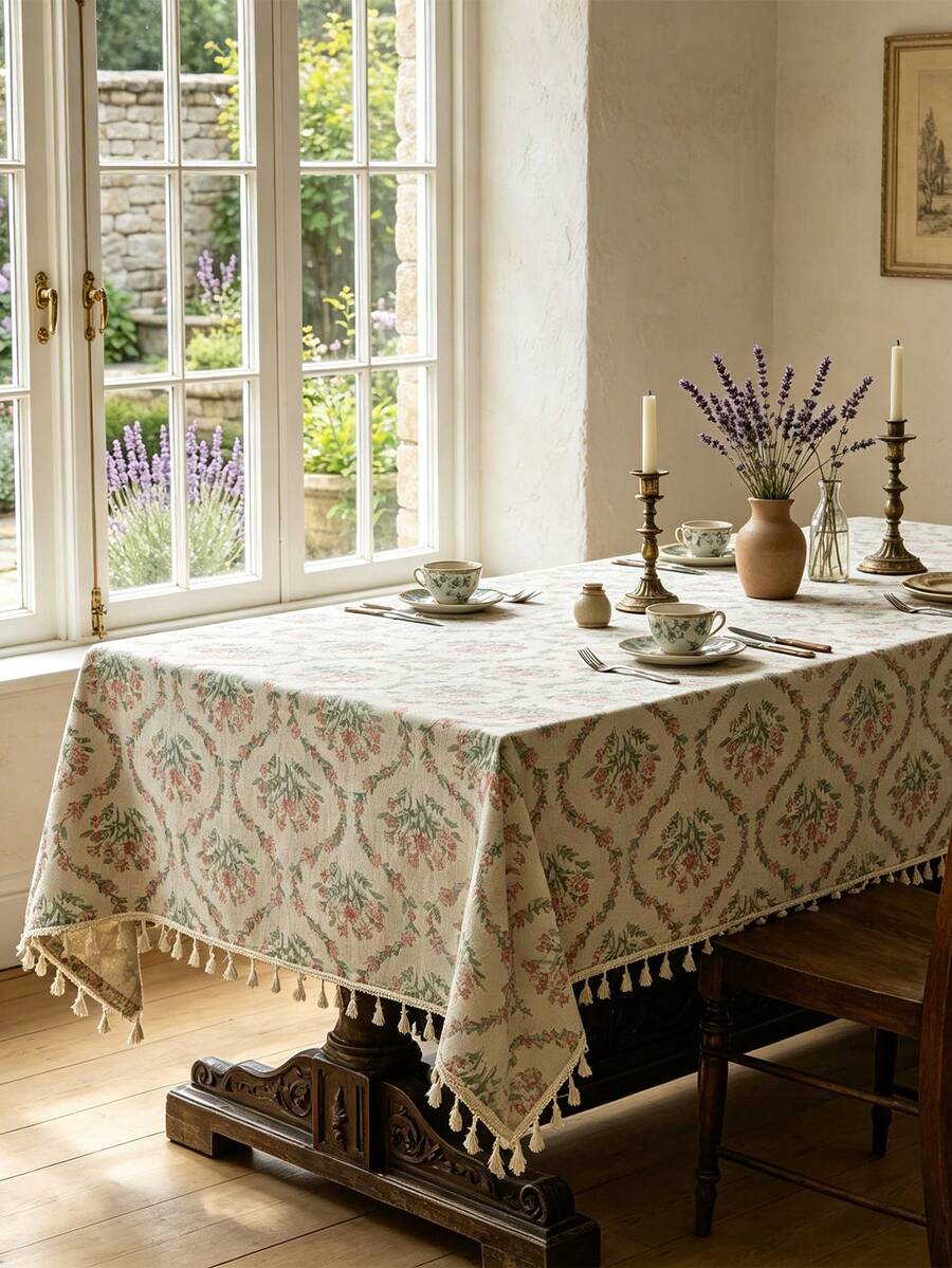 1pc Vintage Floral Print Tassel Decor Tablecloth, French Farmhouse Style Table Cover For Dining Table Home Kitchen Party Decor - Shallow bottom pollen - View 1