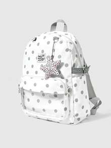 ROMWE Anime Academy Gray-White Polka Dot Printed Backpack With Star Decoration, Multi-Pocket Pain Bag, Large-Capacity Backpack, Suitable For School, Commuting, Et - Gray polka dot - View 2