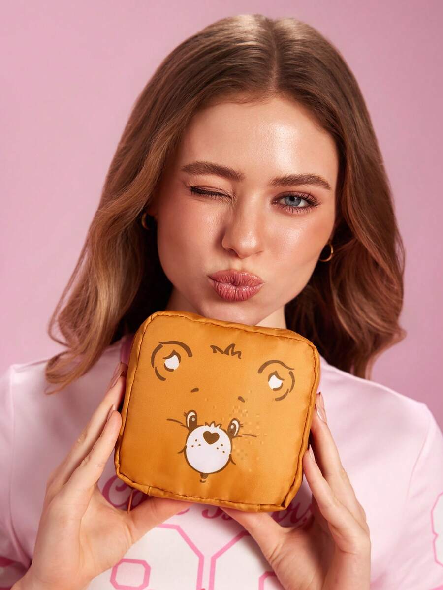 SHEIN X Care Bears 卡通圖案印花聚酯纖維收納袋,可用作女性衛生用品收納袋、數位產品收納袋 - 棕色 - 查看 1