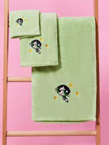 THE POWERPUFF GIRLS X SHEIN 1/3件裝超吸水毛巾，貓頭鷹卡通刺繡毛巾套組，手巾/毛巾/浴巾三件套，可用於擦手、洗澡、海灘、游泳 - 綠色 - 查看 2