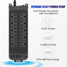 Teckwe 16-In-1 Power Strip Surge Protector With USB, 10 Widely Spaced AC Outlets, 4 USB-A & 2 USB-C PD 18W Fast Charging Ports, 4 FT Extension Cord, 2400W/12A Wall Mountable Outlet Extender For Home Office - Black - View 1