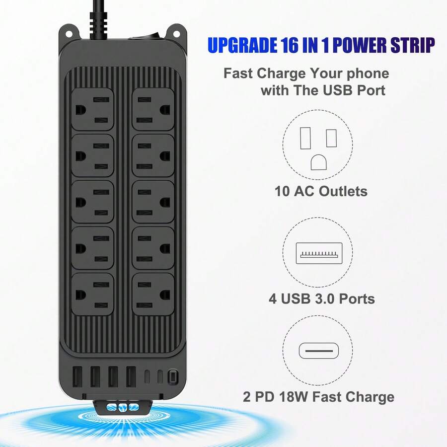 Teckwe 16-In-1 Power Strip Surge Protector With USB, 10 Widely Spaced AC Outlets, 4 USB-A & 2 USB-C PD 18W Fast Charging Ports, 4 FT Extension Cord, 2400W/12A Wall Mountable Outlet Extender For Home Office - Black - View 1