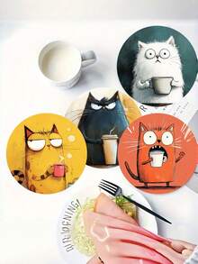 Stylish 4pcs Set Cat Coffee Coasters Absorbent Ceramic Drink Mats Non Slip Kitchen Table Protectors Cute Animal Home Office Desk Decor Novelty Gift For Party Housewarming Cat Lovers - Multicolor - View 7
