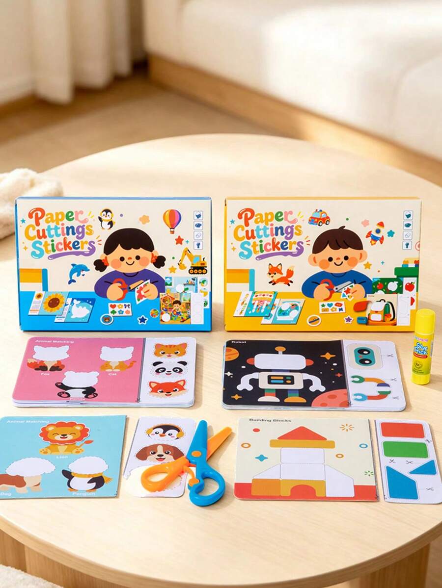 MINKOJA Kids DIY Paper Cutting And Pasting Craft Kit, Early Educational Scissor Skills Activity Book With Plastic Scissors And Glue, Fine Motor Skill Shape Matching Toy For Toddlers 36M+