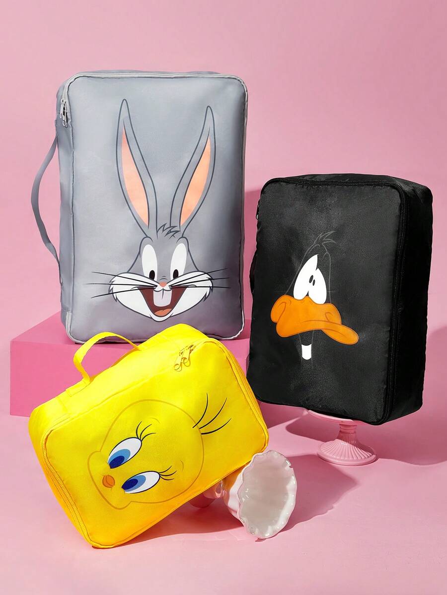 LOONEY TUNES X SHEIN Cartoon Travel Packing Cubes For Students/Adults, Storage Bags For Clothes/Cosmetics, 3 Styles, Sold Individually/Set, With Zipper & Handle - Yellow black gray - View 1