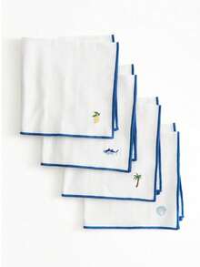Cirelle 4pcs Coastal Embroidered Placemats - White Cloth Dining Placemats With Blue Border & Summer Motifs, Washable Table Mats For Indoor & Outdoor Dining - Multicolor - View 7
