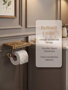 Cirelle 1Pc Wall‑Mounted Toilet Paper Holder, Space‑Aluminum Material With Carved Vintage Scroll Patterns, Built‑In Shelf And Side Hook, Multi‑Storage Fixture For Bathroom Lavatory Wall Space Organization - Multicolor - View 15