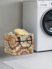 1PC Large Capacity Quilted Fabric Storage Basket With Front Pocket Sturdy Carry Handles Reusable Foldable Retro Mandala Floral Print Storage Bin For Laundry Clothes Toy Book Sundries Home Bedroom Laundry Room Organizer - Multicolor - View 5