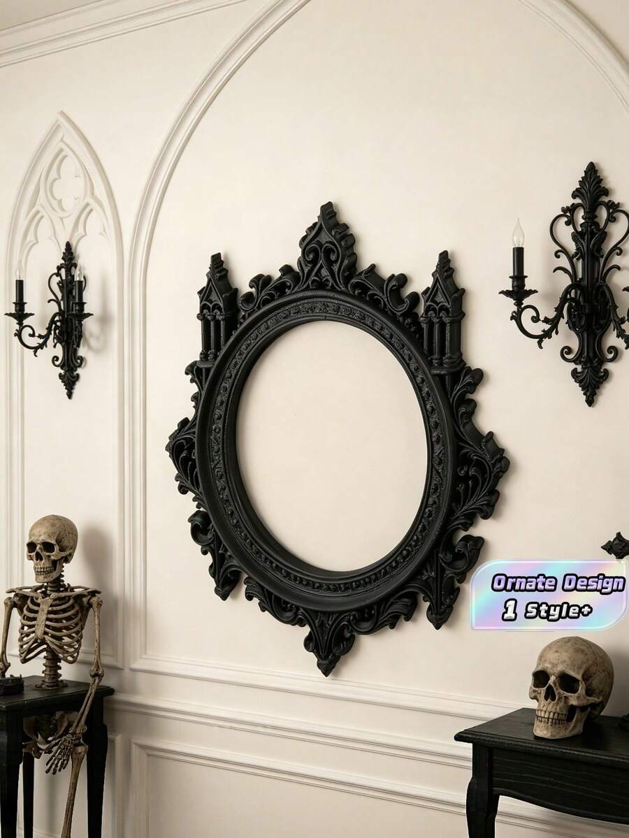 1PC Standard Size Black Vintage Gothic Castle Style Hollowed Out Carved Photo Frame Wall Hanging Decor Ornament With Distressed Antique Finish Intricate Floral Scroll Pattern And Ribbon Top Lightweight Easy To Hang Versatile Wall Art For Home - 1PC - View 1