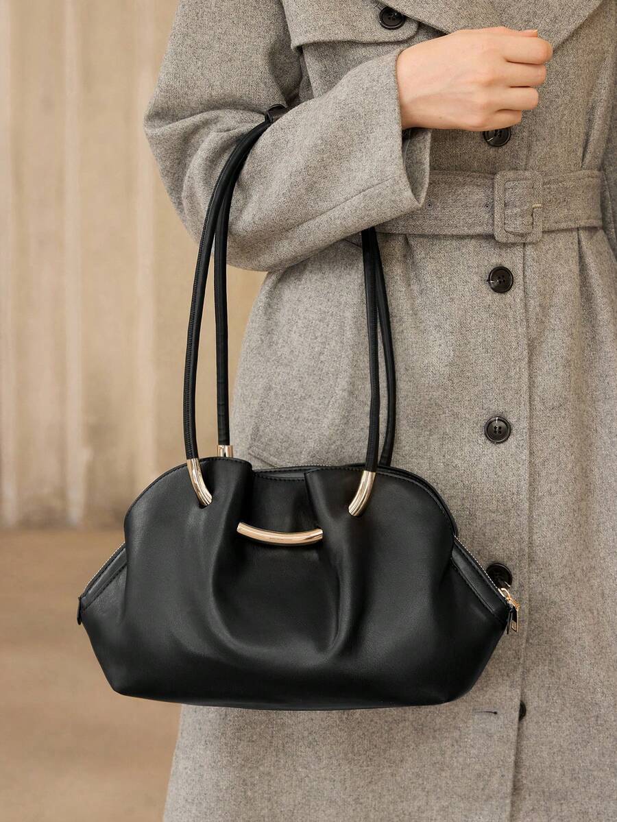 MOTF WOMEN'S FASHION BLACK SHOULDER BAG, EXQUISITE HARDWARE BUCKLE, SIMPLE FAN TOTE BAG, ZIPPER SHELL BAG, FOR DAILY USE, COMMUTING, SHOPPING - Black - View 1