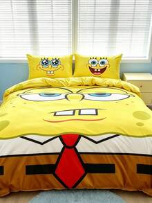 SpongeBob SquarePants | SHEIN 3件組卡通圖案被套組，柔軟保暖，可水洗，適用於單人/雙人/Queen/King尺寸床 - 黃色 - 查看 4