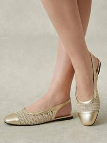 Styleloop Women Shoes Multi-Color Mesh Yarn Woven Square Toe Flat Bottom Rear Tripple Strap Sandals Simple And Fresh Spring And Summer Models Are Suitable For Fall Shoes - Golden 3 - View 2