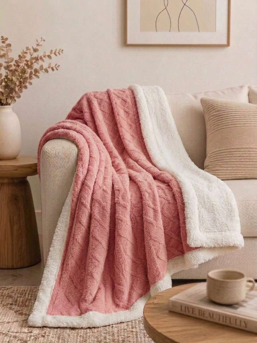 Cirelle 1pc Soft Double Sided Sherpa Fleece Throw Blanket - Thick Warm Flannel Bed Blanket With Embossed Cable Knit Pattern For Sofa, Couch, Dorm & Home Decor - Watermelon Pink - View 1