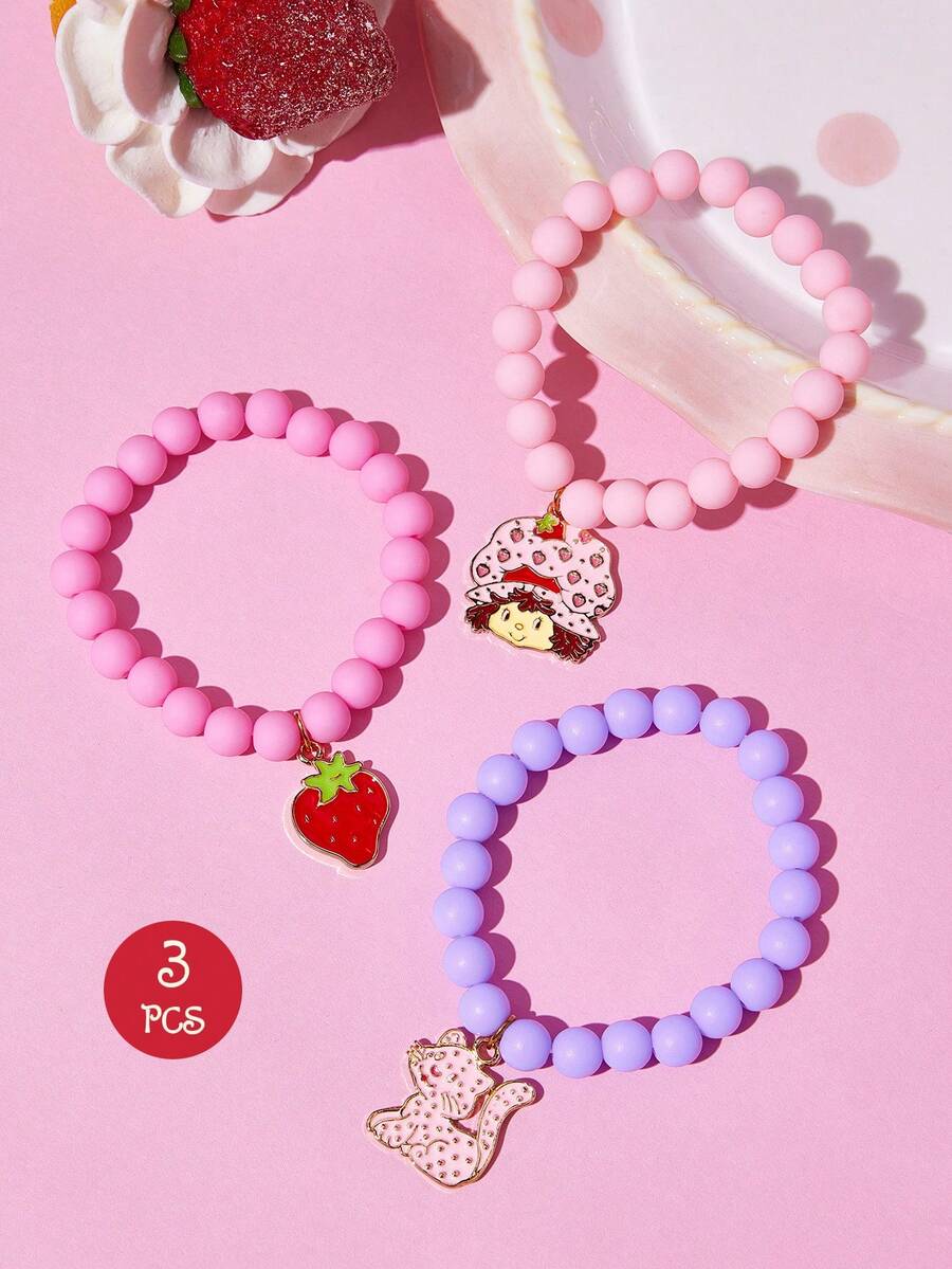 Strawberry Shortcake X SHEIN مجموعة من 3 أساور خرز أكريليك بألوان الفراولة والقطط - متعدد الألوان - مشاهدة 1