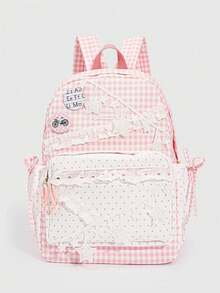 ROMWE Kawaii 1Pc Sweet Plaid Backpack, Star‑Decorated School Backpack, Aesthetic Lace Ruffle Preppy School Bag, Back‑To‑School & Travel Shoulder Bag - Pink - View 9