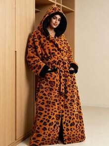 Joivida Women's Leopard Print Fleece Hooded Long Bathrobe, Plush Warm Dressing Gown, Soft Shaggy Housecoat With Belt And Pockets, Cozy Winter Loungewear And Sleepwear - Multicolor - View 11