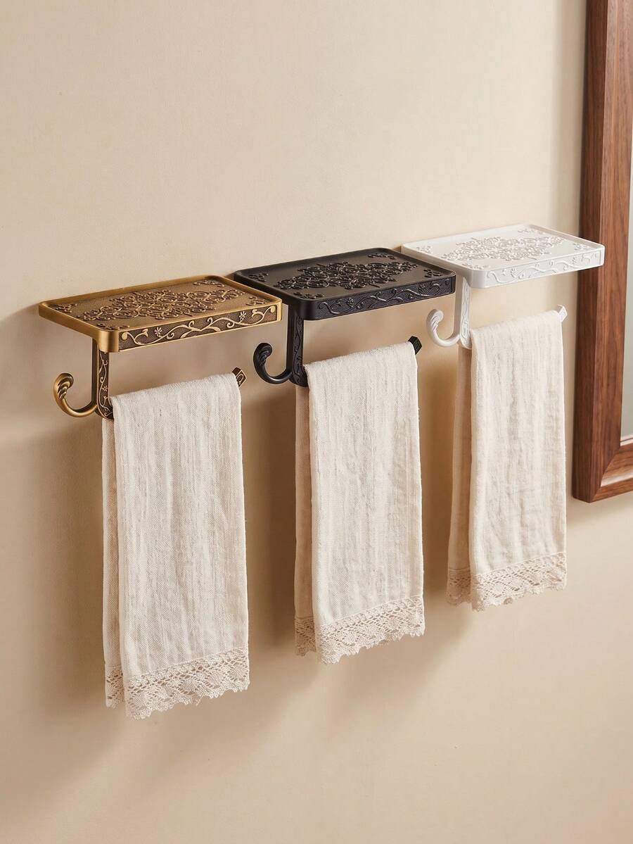 Cirelle 1Pc Wall‑Mounted Toilet Paper Holder, Space‑Aluminum Material With Carved Vintage Scroll Patterns, Built‑In Shelf And Side Hook, Multi‑Storage Fixture For Bathroom Lavatory Wall Space Organization - Multicolor - View 1