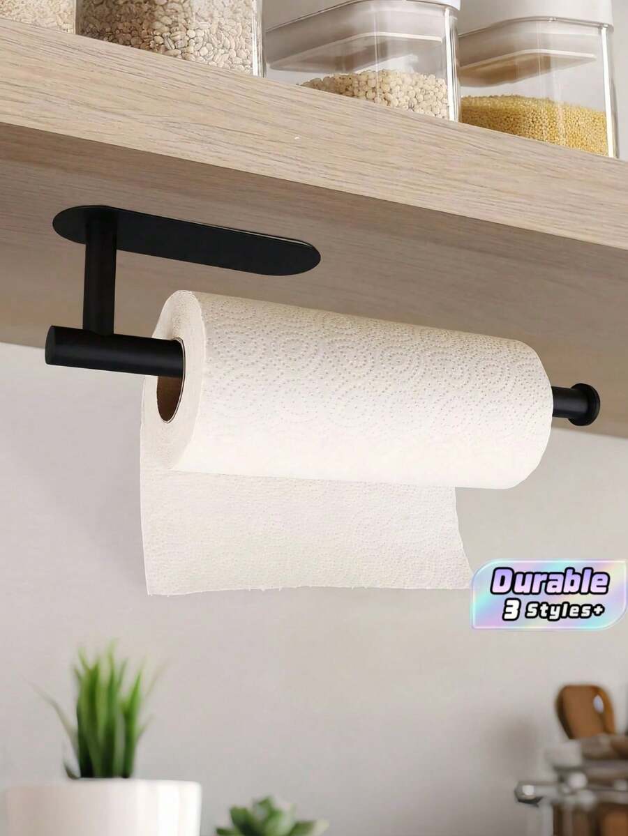 1PC Punch-Free Self-Adhesive Wall-Mounted Black Paper Tissue Rack, Easy To Install, Suitable For Kitchen, Bathroom, Under Cabinet, Sink, Balcony And More. Also For Cling Film/Foil Storage, A Multifunctional Tissue Storage Must-Have! - Multicolor - View 1