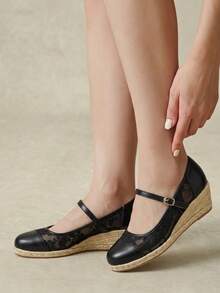 Styleloop Women's Hemp Rope Straw Weave Wedge Heel Black Lace Mesh Women's Wedge Heel Shoes Shoes Hemp Rope Shoes Bohemian Style Vacation Beach Se Fall Shoes - Black - View 7