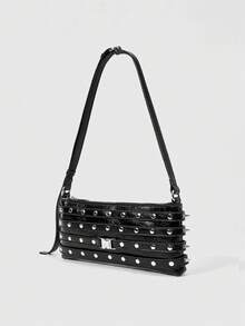 ROMWE 1 Piece Y2K Punk Style Shoulder Square Bag Rivet Decoration, Zipper Opening And Closing, Spice Girl Street Cool, Suitable For Daily Parties, Shopping, - Black - View 2