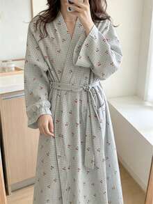 Napfluff Women's Casual Cherry Plaid Print Open Front Robe, Lightweight Comfy Long Kimono Cardigan For Lounge, Home & Daily Wear - Baby Blue - View 7