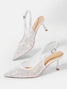 CUCCOO HITCHD White Mesh Gradient Sequins Pointed Thin Heels Empty Sandals, Fairy Simple Dew Heels Shallow High Heels Women - White - View 6