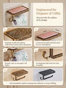 Cirelle 1Pc Wall‑Mounted Toilet Paper Holder, Space‑Aluminum Material With Carved Vintage Scroll Patterns, Built‑In Shelf And Side Hook, Multi‑Storage Fixture For Bathroom Lavatory Wall Space Organization - Multicolor - View 17