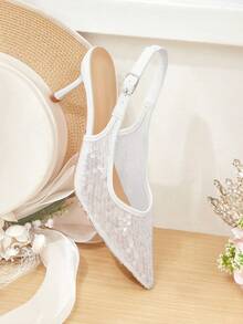 CUCCOO HITCHD White Mesh Gradient Sequins Pointed Thin Heels Empty Sandals, Fairy Simple Dew Heels Shallow High Heels Women - White - View 7