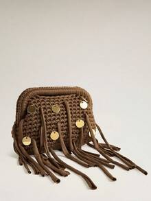 Wovira Ladies Brown Woven Clutch Bag, Decorative Metal Discs, Fringed Handbag, For, Seaside, Beach, Party, Vacation, Travel, Bohemian - Brown - View 5