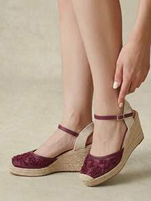 Styleloop Women's Mesh Lace Embroidery Beaded Decoration And Color Matching Toe Design Fashionable Wedge Heel Shoes, Women's Closed Toe With Hemp Rope Fall Shoes - Burgundy - View 7