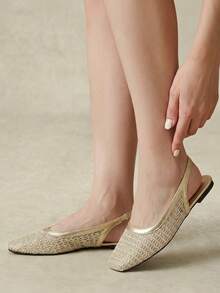Styleloop Women Shoes Multi-Color Mesh Yarn Woven Square Toe Flat Bottom Rear Tripple Strap Sandals Simple And Fresh Spring And Summer Models Are Suitable For Fall Shoes - Golden 3 - View 5