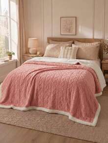 Cirelle 1pc Soft Double Sided Sherpa Fleece Throw Blanket - Thick Warm Flannel Bed Blanket With Embossed Cable Knit Pattern For Sofa, Couch, Dorm & Home Decor - Watermelon Pink - View 2