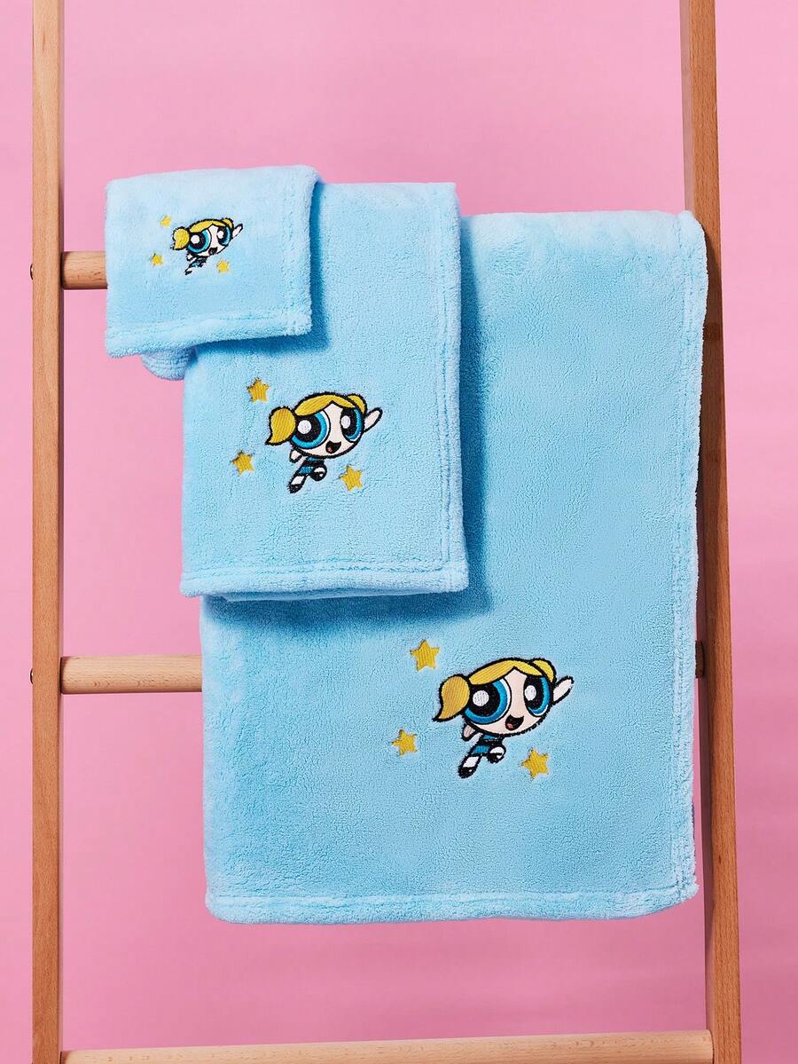 THE POWERPUFF GIRLS X SHEIN 1/3pc Super Absorbent Towel, Owl Cartoon Embroidered Towel Set, Hand Towel/Towel/Bath Towel Three-Piece Set, Can Be Used For Hand Wiping, Bathing, Beach, Swimming - Blue - View 1