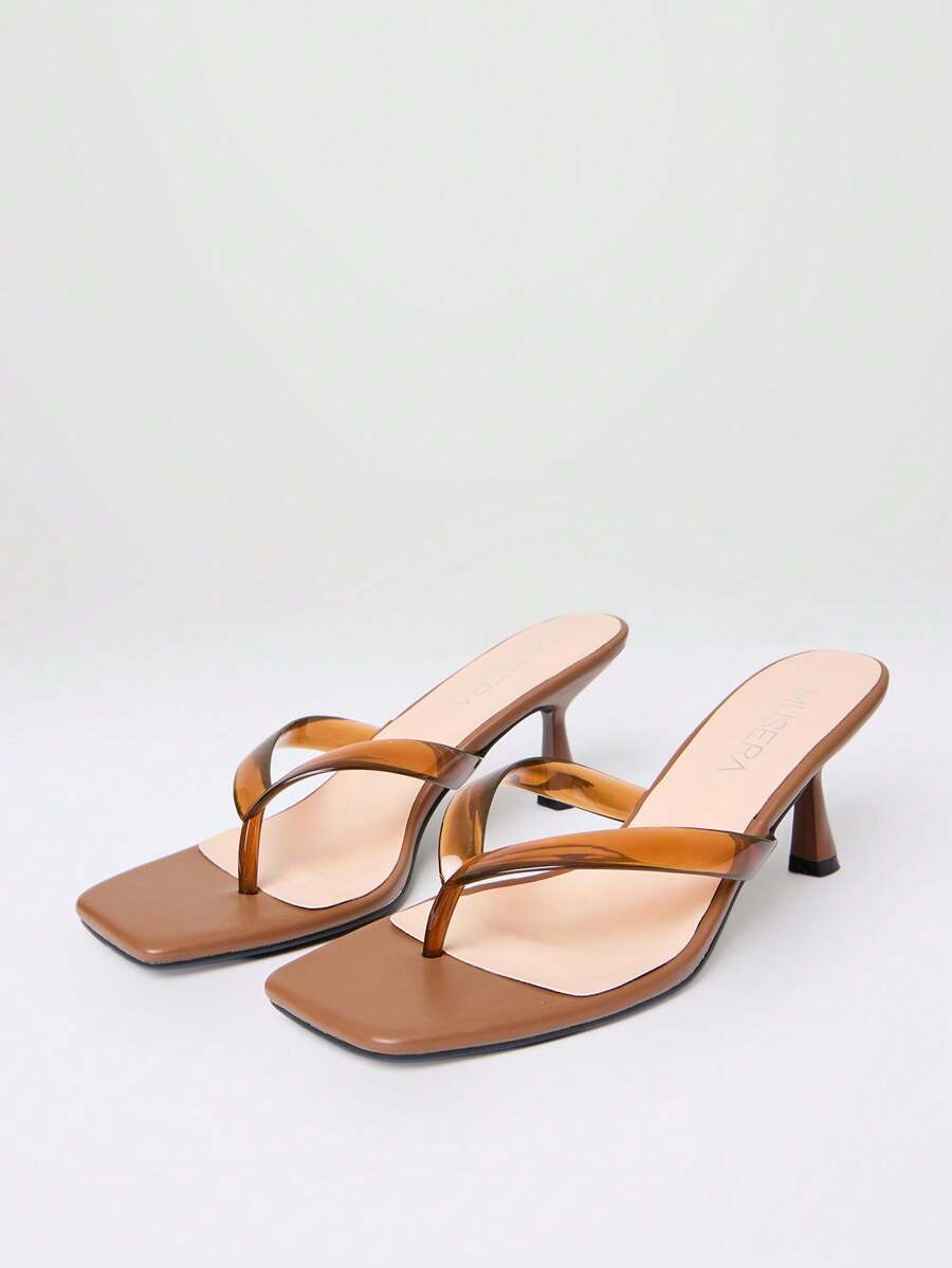 MUSERA New Women's Jelly Thong Sandals, Low Heel Crystal Toe Strap Flip Flops, Mid Heel Square Toe Clear Thong Sandals - Brown - View 1