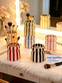 1PC Striped Ceramic Makeup Brush Holder Ins Style Organizer For Pencil Comb Storage Living Room Bedroom Desk Decor Holiday Gift For Family Friends - Multicolor - View 2