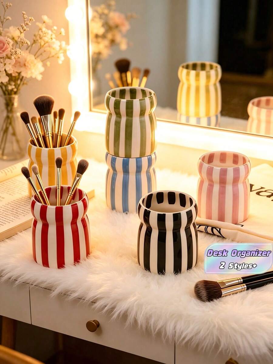 1PC Striped Ceramic Makeup Brush Holder Ins Style Organizer For Pencil Comb Storage Living Room Bedroom Desk Decor Holiday Gift For Family Friends