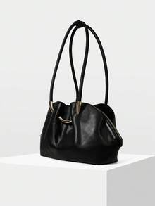 MOTF WOMEN'S FASHION BLACK SHOULDER BAG, EXQUISITE HARDWARE BUCKLE, SIMPLE FAN TOTE BAG, ZIPPER SHELL BAG, FOR DAILY USE, COMMUTING, SHOPPING - Black - View 3