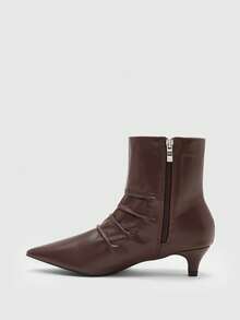 CUCCOO BIZCHIC Pleated And Piled Boots, Rear Zipper, Easy To Wear And Take Off Pointed Cat Heels, Elegant Temperament, Coffee Brown Short Boots, Autumn And Winter Co - Coffee Brown - View 3