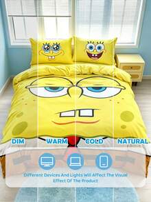 SpongeBob SquarePants | SHEIN 3件組卡通圖案被套組，柔軟保暖，可水洗，適用於單人/雙人/Queen/King尺寸床 - 黃色 - 查看 10