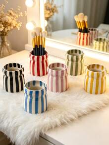 1PC Striped Ceramic Makeup Brush Holder Ins Style Organizer For Pencil Comb Storage Living Room Bedroom Desk Decor Holiday Gift For Family Friends - Multicolor - View 4