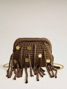 Wovira Ladies Brown Woven Clutch Bag, Decorative Metal Discs, Fringed Handbag, For, Seaside, Beach, Party, Vacation, Travel, Bohemian - Brown - View 1