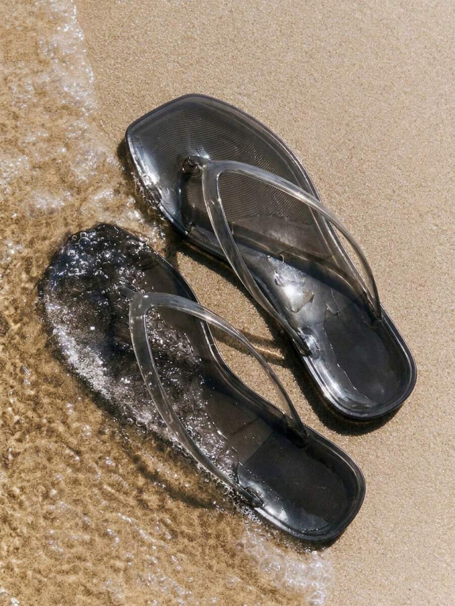 Grefit 春夏新款方頭平底休閒度假簡約黑色平底涼鞋拖鞋女款夾腳拖 - 黑色 - 查看 1