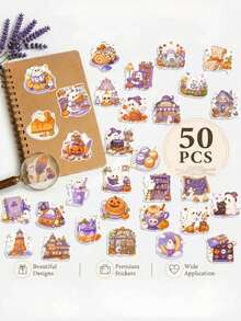 50Pcs Cute Halloween Ghost Stickers – Pumpkin Festival Decals For Journaling, Water Bottle, Laptop, Waterproof Doodle Holiday Party Decor - multicolor - View 11